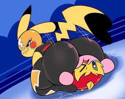 ass big_ass blue_eyes brown_eyes clothed clothing cosplay_pikachu eye_closed eyelashes facesitting female kirbot12 kirby kirby_(series) kirby_fighters_2 looking_at_viewer male mask nintendo nintendo_switch pikachu pikachu_libre pink_body pink_skin pokémon_(species) pokemon red_feet super_smash_bros. super_smash_bros._ultimate