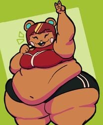 animal_crossing big_breasts fat female fur hazel_(animal_crossing) huge_belly neetbean nintendo obese peace_sign squirrel thick_thighs unibrow video_games wide_hips