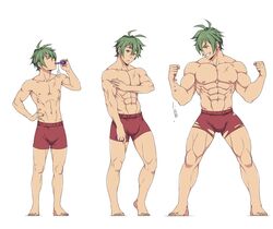 1boy 1male abs beefy biceps big_muscles big_penis comic drinking drinking_potion green_eyes green_hair human ichan light_brown_eyes male male_nipples male_only muscle muscle_growth muscles muscular_male obliques pecs pecs_growth penis_bulge penis_growth potion quadriceps quads red_shorts scar scars sequence shorts showing_off six_pack size_transformation slim smooth_skinned_male solo standing tearing_clothes toned toned_male touching_self transformation transformation_sequence triceps underwear underwear_only v-cut