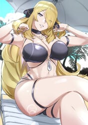 1girls alternate_breast_size beach big_breasts bikini blonde_hair clothed clothed_female cynthia_(pokemon) hair_ornament huge_breasts long_hair moginiki nintendo pokemon pokemon_dppt thick_thighs voluptuous wide_hips