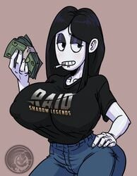 2021 baggy_shirt black_hair breasts cigarette curvy dragonfetus erect_nipples_under_clothes fanart female goth hand_on_hip huge_breasts jeans massive_breasts meme_attire money raid_shadow_legends solo_female t-shirt thick veronica_(saltynoodles) voluptuous white_skin