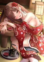 :d amber_eyes blush breasts brown_hair clothing female floral_print flower hair_flower hair_ornament half-closed_eyes highres indoors japanese_clothes kimono leaning_forward long_hair long_sleeves medium_breasts monaka_curl naked_kimono oerba_yun_fang open_mouth original print_kimono red_flower red_kimono shiny shiny_hair sideboob smile socks solo white_legwear wide_sleeves yellow_eyes