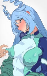 blue_eyes blue_hair blush breast_apart erect_nipples erection_under_clothes hadou_nejire hadou_nejire_(hero_outfit) hero_outfit_(mha) inverted_nipples long_hair medium_breasts my_hero_academia nejire_hado nejire_hado_(hero_outfit) nipple_bulge nipple_play puffy_nipples shirabe_shiki sweat tagme