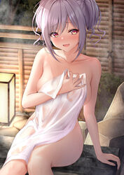 bangs bathing blush breasts collarbone female highres idolmaster idolmaster_cinderella_girls kanzaki_ranko lantern long_hair looking_at_viewer medium_breasts monaka_curl naked_towel onsen open_mouth paper_lantern red_eyes rock silver_hair sitting smile soaking_feet steam thighs towel white_towel