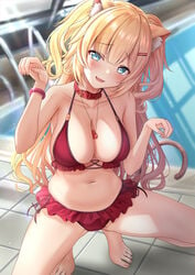 :d akai_haato animal_ear_fluff animal_ears bangs bare_arms bare_shoulders barefoot between_breasts bikini blonde_hair blue_eyes blush bracelet breasts cat_ears cat_girl cat_pose cat_tail choker cleavage collar collarbone eyebrows_visible_through_hair female frilled_bikini frills full_body glint hair_ornament hairclip halterneck hands_up head_tilt heart heart-shaped_pupils heart_necklace highres hololive hololive_gen_1 hololive_japan jewelry large_breasts long_hair looking_at_viewer monaka_curl navel necklace oerba_yun_fang open_mouth paw_pose pool pool_ladder red_bikini red_choker smile solo spread_legs squatting stomach string_bikini swimsuit swimwear symbol-shaped_pupils tail that_pool thighs tile_floor tiles tiptoes toes two_side_up virtual_youtuber water