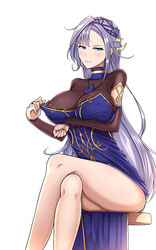 areola_slip dress epic7 exibitionism fully_clothed hair_ornament kise_(epic7) large_breasts long_hair looking_at_viewer purple_eyes purple_hair sitting smiling unknown_artist