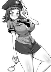 1girls big_breasts blush breasts chiroru curvy_figure demon_slayer eye_contact female greyscale handcuffs huge_breasts kimetsu_no_yaiba looking_at_viewer makomo monochrome police police_hat police_uniform solo thick_thighs voluptuous wide_hips