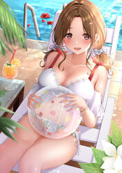 bangs bare_shoulders beach_chair bikini blush breasts brown_eyes brown_hair cleavage clothing collarbone cup drinking_glass female flower hair_ornament hairclip highres ichikawa_hinana idolmaster idolmaster_shiny_colors large_breasts legs_together long_hair looking_at_viewer monaka_curl open_mouth parted_bangs pool smile sunlight swimsuit twintails white_bikini wide_hips