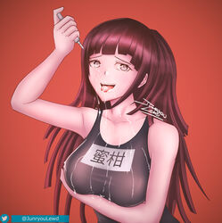 1girls blush cum cum_in_mouth cum_on_breasts cum_on_face danganronpa danganronpa_2:_goodbye_despair female_only junryoulewd long_hair one-piece_swimsuit school_swimsuit solo straight_hair swimsuit syringe tsumiki_mikan