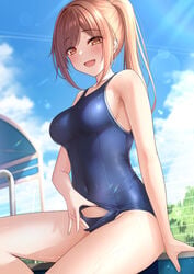 1girls :d absurdres amber_eyes bare_arms bare_shoulders belly_button big_breasts blue_sky blue_swimsuit blurry breasts brown_eyes brown_hair cloud clouds collarbone contrail covered_navel day depth_of_field eyebrows_visible_through_hair female highres imouto-chan_(monaka_curl) long_hair looking_at_viewer monaka_curl oerba_yun_fang one-piece_swimsuit open_mouth original outdoors ponytail school_swimsuit sidelocks sitting sky smile solo swimsuit thighs wet white_clouds