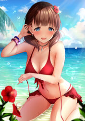 alternate_costume bangs bare_arms bare_shoulders bikini blue_eyes blue_sky blush breasts brown_hair cleavage cloud cloudy_sky collarbone commentary_request day earrings eyebrows_visible_through_hair female flower gem hairband heart heart_earrings highres idolmaster idolmaster_cinderella_girls jewelry looking_at_viewer medium_breasts medium_hair monaka_curl navel necklace ocean open_mouth outdoors red_bikini red_flower ribbon sakuma_mayu sky smile solo swimsuit