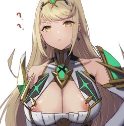 1girls 2021 ? accidental_exposure areola_slip armor bare_shoulders blonde_hair breasts chest_jewel cleavage cleavage_cutout clothed clothing confused earrings elbow_gloves eyebrows_visible_through_hair female female_only fully_clothed gloves highres jewelry large_breasts long_hair looking_at_viewer mo_momo mythra nintendo nip_slip nipple_slip nipples simple_background solo tiara unaware very_long_hair white_background xenoblade_(series) xenoblade_chronicles_2 yellow_eyes