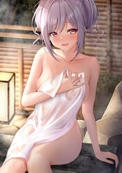 1girls bangs bathing blush breasts collarbone female highres idolmaster idolmaster_cinderella_girls kanzaki_ranko lantern light-skinned_female light_skin long_hair looking_at_viewer medium_breasts monaka_curl naked_towel onsen open_mouth paper_lantern red_eyes rock silver_hair sitting smile soaking_feet solo steam sweat thighs towel white_towel