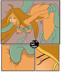 1girls ass breasts brown_hair closed_eyes comic comic_page double_penetration female female_focus flora flora_(winx_club) from_behind green_tentacles inuyuru latina long_hair nipples open_mouth oral penetration plants pussy rainbow_(animation_studio) restrained sex spread_legs tentacle tentacle_around_breasts tentacle_bondage tentacle_sex tentacle_spitroast tentacle_suspension tentacles thought_bubble vaginal_penetration vines winx_club