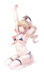 1girls armpits arms_behind_back arms_up barbara_(genshin_impact) bare_arms bare_shoulders bikini blonde_hair blue_eyes choker drill_hair female female_only full_body genshin_impact hat highres hiki_niito hikinito_(leviathan) long_hair looking_at_viewer micro_bikini navel nun o-ring pale-skinned_female pale_skin perky_breasts revealing_clothes side-tie_bikini sitting skindentation small_breasts solo stockings stomach swimsuit thighhighs thighs twin_drills twintails white_legwear white_stockings