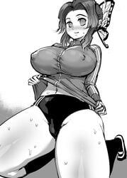 1girls big_breasts bloomers breasts buruma butterfly_hair_ornament chiroru curvy_figure demon_slayer female greyscale hair_ribbon huge_breasts kimetsu_no_yaiba kneeling kochou_shinobu monochrome nipple_bulge solo sports_uniform sweat thick_thighs track_jacket voluptuous