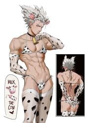 1boy abs bikini bikini_bottom bikini_top cow_bikini cow_boy cow_ears cow_horns cow_print cowbell dudlesnudy english_text garou_(one-punch_man) gloves gray_hair grey_hair male male_focus male_only muscles muscular muscular_male one-punch_man pubes pubic_hair solo solo_focus solo_male text thigh_highs thighhighs