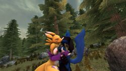 3d anthro crossover digimon dragon696 forest kissing love lucario pokemon pokemon_(species) renamon