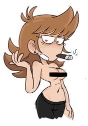 1girls censor_bar censored earrings eddsworld edit edited ellsworld female female_only heart-shaped_pupils red_earrings rule_63 smoking sweat topless tori_(eddsworld)