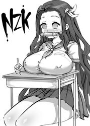 1girls aged_up big_breasts blush breasts breasts_on_table chiroru curvaceous demon_slayer female female_only gag greyscale hair_ornament kamado_nezuko kimetsu_no_yaiba long_hair monochrome school_uniform solo thick_thighs voluptuous wide_hips