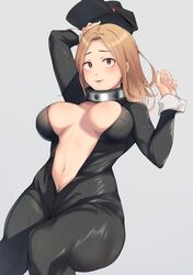 1girls black_mutou bodysuit brown_eyes brown_hair camie_utsushimi cleavage collar hero_outfit_(mha) large_breasts latex_suit long_hair looking_at_viewer my_hero_academia navel shiketsu_high_school_cap solo solo_female thick_thighs tight_clothing unzipped unzipped_bodysuit wrist_cuffs