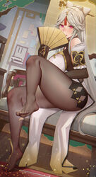 armwear bare_shoulders barefoot big_breasts blush breasts clothed ctrlz77 earrings female female_only foot_fetish genshin_impact heart-shaped_pupils highres legwear long_hair looking_at_viewer ningguang_(genshin_impact) open_mouth pantyhose red_eyes seductive sitting smile solo_female thick_thighs thighs uniform very_long_hair white_hair