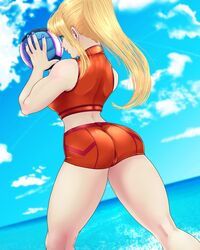 1girls ass back back_view backboob bare_arms bare_legs bare_shoulders beach beauty_mark blonde_hair blue_eyes blue_nail_polish blue_nails blue_sky butt casual_outfit_(metroid) clothed crop_top curvy dat_ass female female_only holding_ball light-skinned_female light_skin lips looking_at_viewer looking_back looking_back_at_viewer metroid midriff moistpynk nail_polish nintendo ocean orange_shorts orange_sports_bra ponytail samus_aran short_shorts shorts skin_tight smile solo sports_bra thick thick_ass thick_butt thick_hips thick_thighs thighs tied_hair tight_clothing volleyball volleyball_(ball) wide_hips