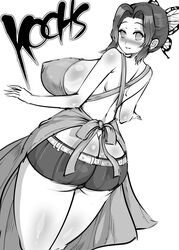 1girls ass ass_cleavage big_ass big_breasts big_butt blush breasts butt_crack butterfly_hair_ornament chiroru curvy_figure demon_slayer eye_contact female greyscale huge_breasts kimetsu_no_yaiba kochou_shinobu looking_at_viewer monochrome solo thick_ass voluptuous