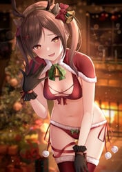 1girls :d amber_eyes antlers bikini black_gloves blurry blush bokeh bow breasts brown_hair capelet christmas christmas_tree clothing cowboy_shot depth_of_field female front-tie_bikini front-tie_top fur_trim gloves hairband hairbow hand_up highres legs_together long_hair looking_at_viewer medium_breasts monaka_curl navel oerba_yun_fang open_mouth orange_eyes original red_bikini red_legwear reindeer_antlers santa_bikini side-tie_bikini smile solo standing stomach swimsuit thighhighs thighs twintails wide_hips