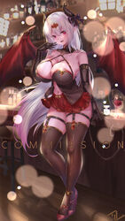 alcohol bangs bar bare_shoulders blurry blush bottle bow cleavage commission cup demon_girl demon_horns demon_tail demon_wings elbow_gloves full_body gloves hair_ornament high_heels highres horns indoors large_breasts long_hair looking_at_viewer miniskirt multicolored_hair navel original parted_lips pink_hair pointy_ears red_eyes silver_hair skirt smile solo standing stool tail vanitas_0 wine wine_glass wings