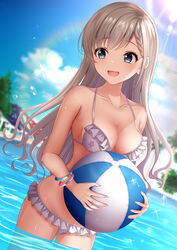 ball bangs bare_shoulders beachball bikini blue_eyes blue_sky blurry blurry_background blush braid braided_bangs breasts cleavage cloud collarbone commentary_request day eyebrows_visible_through_hair female floral_print frills grey_bikini highres hisakawa_hayate holding idolmaster idolmaster_cinderella_girls in_water large_breasts long_hair looking_to_the_side monaka_curl open_mouth outdoors sky smile solo swimsuit