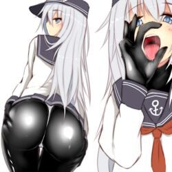 ass blue_eyes hibiki_(kantai_collection) kantai_collection katsuten latex_suit looking_back miniskirt open_mouth oral_invitation sailor_uniform silver_hair tongue