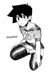 1boy cum femboy foreskin girly hero hero_(omori) male male_focus male_only mob_face monochrome omori penis school_uniform seifuku solo theblmaster twink