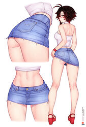 1girls abs ass bluefield choker crop_top female female_only high_heels jean_skirt looking_at_viewer looking_back miniskirt platform_heels ruby_rose rwby short_hair short_skirt skirt skirt_lift small_breasts solo white_crop_top white_panties white_top