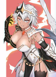 armor bikini_armor brulee cleavage crown dark_skin epic7 female female_knight ilynav_(epic7) large_breasts looking_at_viewer short_hair silver_eyes smiling video_games white_hair