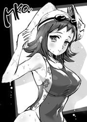 1girls big_breasts breasts chiroru curvy_figure demon_slayer eye_contact female greyscale kimetsu_no_yaiba looking_at_viewer makomo monochrome one-piece_swimsuit solo swimsuit voluptuous