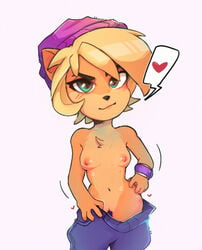 <3 1girls aleguz_loera anthro areola areolae blonde_hair blue_eyes blush breasts coco_bandicoot countershade_face countershade_torso countershading crash_(series) danne_nsfw female female_only female_solo fur heart multicolored_body multicolored_fur multicolored_skin navel nipples pussy short_hair small_breasts solo solo_female two_tone_body two_tone_fur two_tone_skin undressing vagina