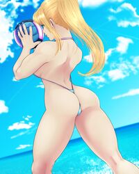 1girls ass back_view beauty_mark blonde_hair blue_eyes blue_sky female female_only looking_back metroid moistpynk nail_polish nintendo ocean one-piece_swimsuit ponytail samus_aran skimpy_bikini smile solo thong thong_bikini tied_hair volleyball_ball