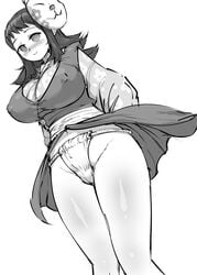 1girls big_breasts blush breasts chiroru curvy_figure demon_slayer eye_contact female fundoshi greyscale huge_breasts kimetsu_no_yaiba looking_at_viewer makomo monochrome nipple_bulge solo thick_thighs voluptuous wide_hips