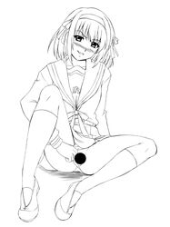 akiyama_kenta censored monochrome panties panties_aside school_uniform serafuku suzumiya_haruhi suzumiya_haruhi_no_yuuutsu underwear