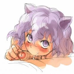 1boy 1girls animal_ears ant blush cat_ears fellatio female foreskin hunter_x_hunter male mosha neferpitou oral penis purple_eyes purple_hair