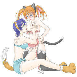 2girls animal_ears blush bra breast_grab breasts cat_ears cat_tail female fox_ears fox_tail green_eyes humanoid licking lingerie lyrical_nanoha mahou_shoujo_lyrical_nanoha_strikers midriff multiple_girls nipples purple_hair pussy pussy_juice strapless_bra subaru_nakajima sweat tail teana_lanster thighhighs tied_hair twintails underwear yuri