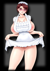 apron_lift breasts brown_eyes brown_hair censored chichi_kurage_ss emma_(victorian_romance_enma) glasses huge_breasts maid naked_apron nipples victorian_romance_emma