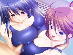 1boy 2girls asahi_(fullmetal_madness) blue_eyes blue_hair blush breast_press breasts brown_hair censored cleavage clothed_female_nude_male double_paizuri erect_nipples female ffm_threesome game_cg hadashi_shoujo harem_x_scratch huge_breasts kimii_nao light-skinned_female light-skinned_male light_skin male naughty_face one-piece_swimsuit paizuri penis red_eyes school_swimsuit straight sudou_hotori swimsuit symmetrical_docking threesome