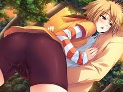 1boy 1girls alice_soft ass bike_shorts blush brown_eyes brown_hair double_teacher_life female fingering game_cg hand_in_another's_panties hand_in_panties jpeg_artifacts juujou_kaname male open_mouth panties public pussy_juice sasazuka_miyako short_hair spandex straight tomose_shunsaku underwear wet_panties