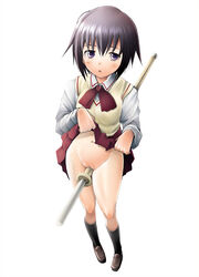 bamboo_blade black_hair blush crotch_rub footwear kawazoe_tamaki navel no_panties pointy_chin purple_eyes pussy sakai_hamachi school_uniform serafuku shaved_pussy shinai short_hair skirt skirt_lift socks sword weapon white_background