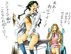 2girls black_hair bottomless bow bow_panties braid breast_slip breasts brown_hair closed_eyes code_geass crotch_rub female female_only footwear glasses hand_in_panties kneehighs large_breasts long_hair masturbation multiple_girls necktie nina_einstein no_bra no_pants nunnally_lamperouge one_breast_out open_mouth panties photo_(object) picture shirt_lift sitting socks table translated twin_braids underwear wheelchair yuri