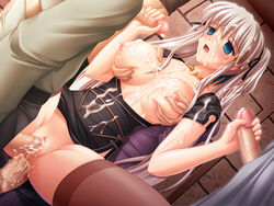 anal blue_eyes blush breast_grab breasts bukkake censored cum cum_in_ass cum_on_clothes cum_on_hair double_handjob double_penetration empty_eyes female gangbang grope groping group_sex handjob kafu large_breasts mabinogi male multiple_penises nao no_panties penis pussy sandwiched sex silver_hair standing_sex straight thighhighs tied_hair twintails vaginal_penetration