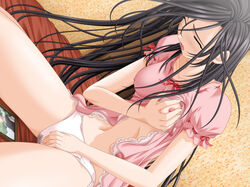 1girls bed black_hair blush breast_grab breast_slip breasts cameltoe closed_eyes clothing dress dress_lift dutch_angle erect_nipples female game_cg imouto_kansatsu_nikki imouto_kansatsu_nikki_2 kojima_kirika long_hair masturbation navel nipples no_bra one_breast_out open_mouth panties photo_(object) picture saitou_natsuki self_fondle sitting solo sweat underwear wet_panties white_panties