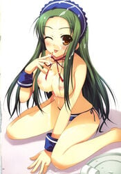 1girls breasts brown_eyes cum cum_on_body cum_on_breasts cum_on_hair cum_on_upper_body cute_fang facial female female_only green_hair highres kneeling long_hair maid mugenkidou nipples panties side-tie_panties solo suzumiya_haruhi_no_yuuutsu tomose_shunsaku tongue topless tsuruya underwear very_long_hair waitress wink